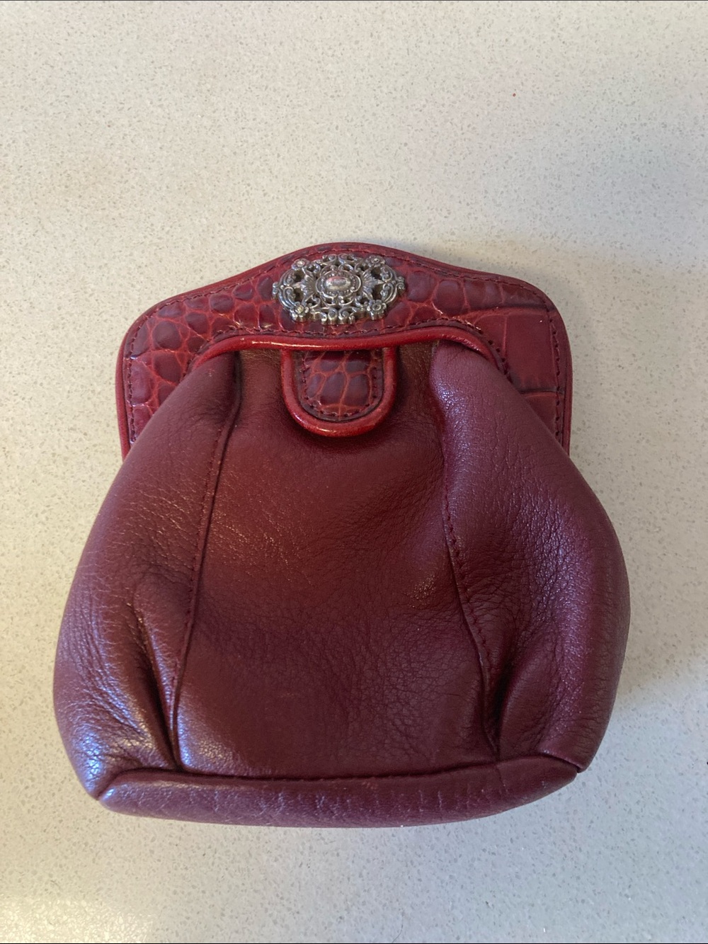 Brighton Burgundy Leather Mini Coin Purse with Ornate Silver-Tone Clasp